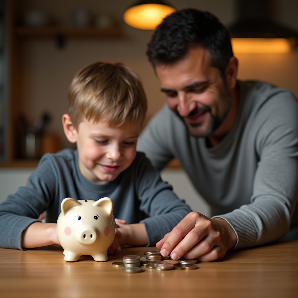 Schulkind lernt spielerisch mit Sparschwein den Umgang mit Geld